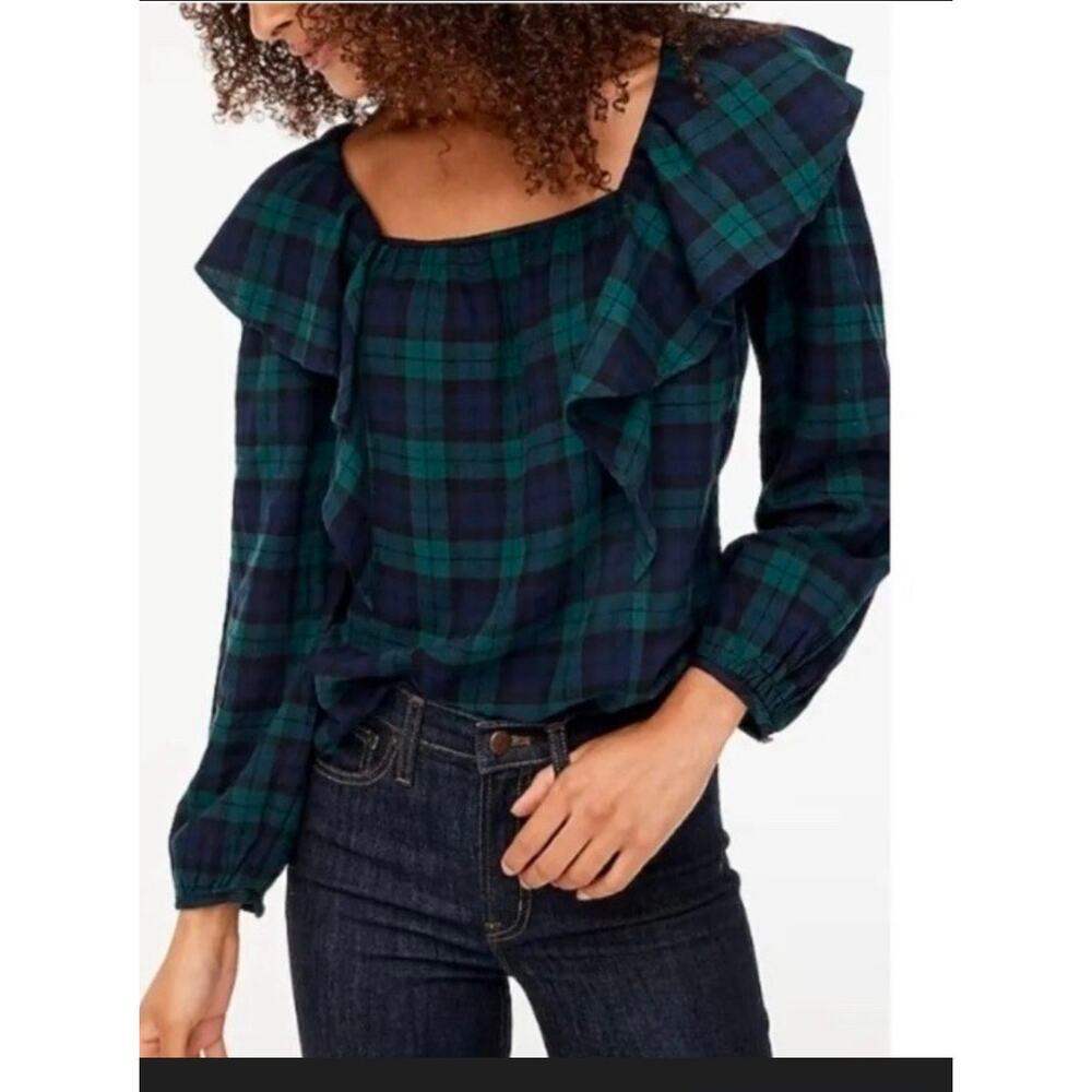 J.crew plaid flannel square neck top longsleeve ruffle L NwT